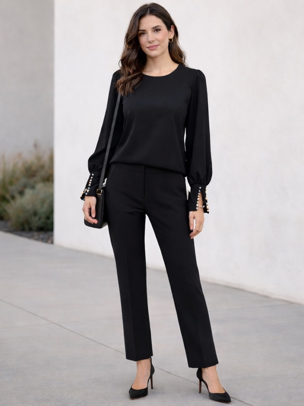 Gracia Pearl Bead Cuff Black Puff Long-Sleeve Blouse Top Size Large